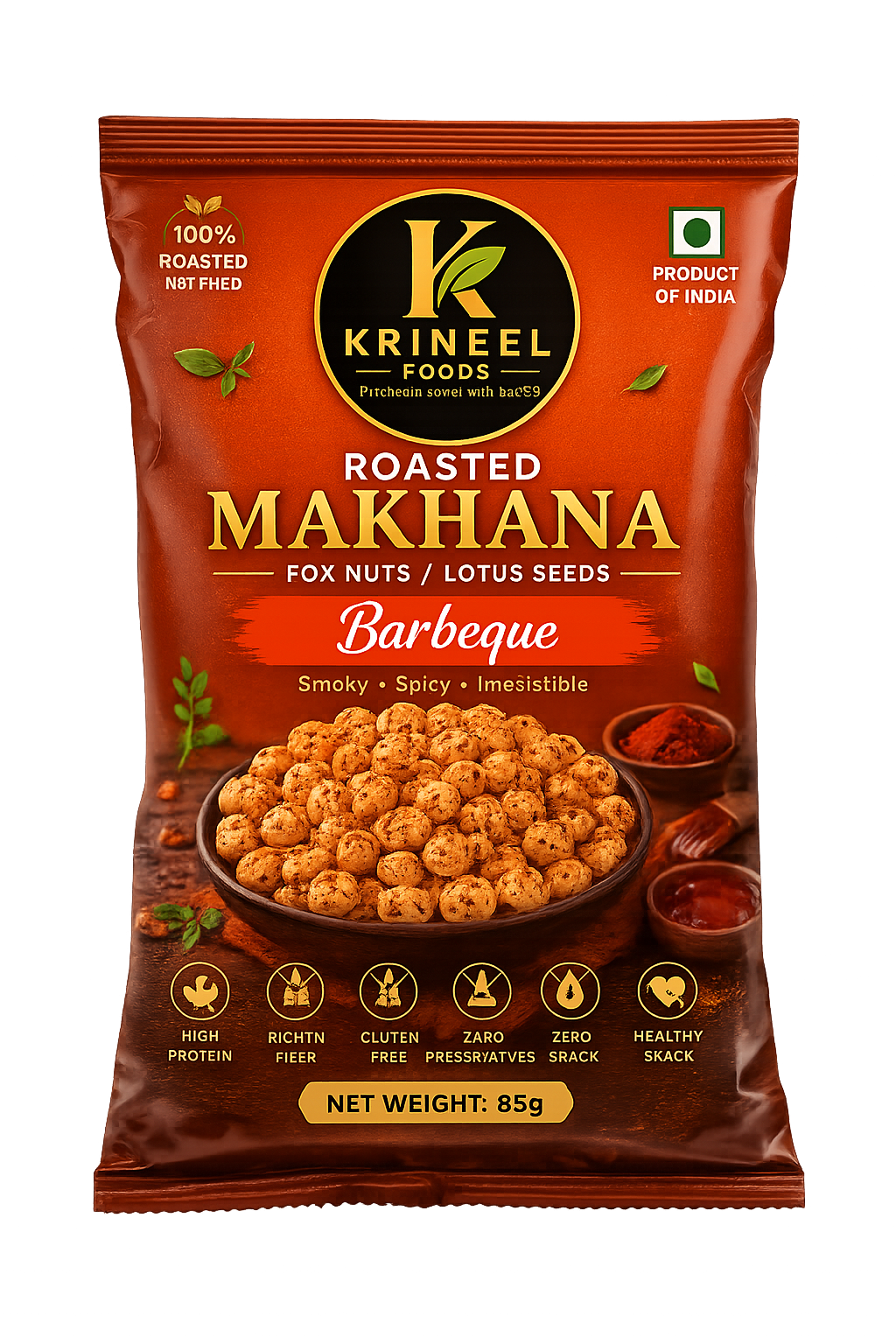 barbeque-front Krineel P889S Handpicked Raw Makhana - Barbeque Flavor | Premium Roasted Fox Nuts | Healthy Snack - Image 1