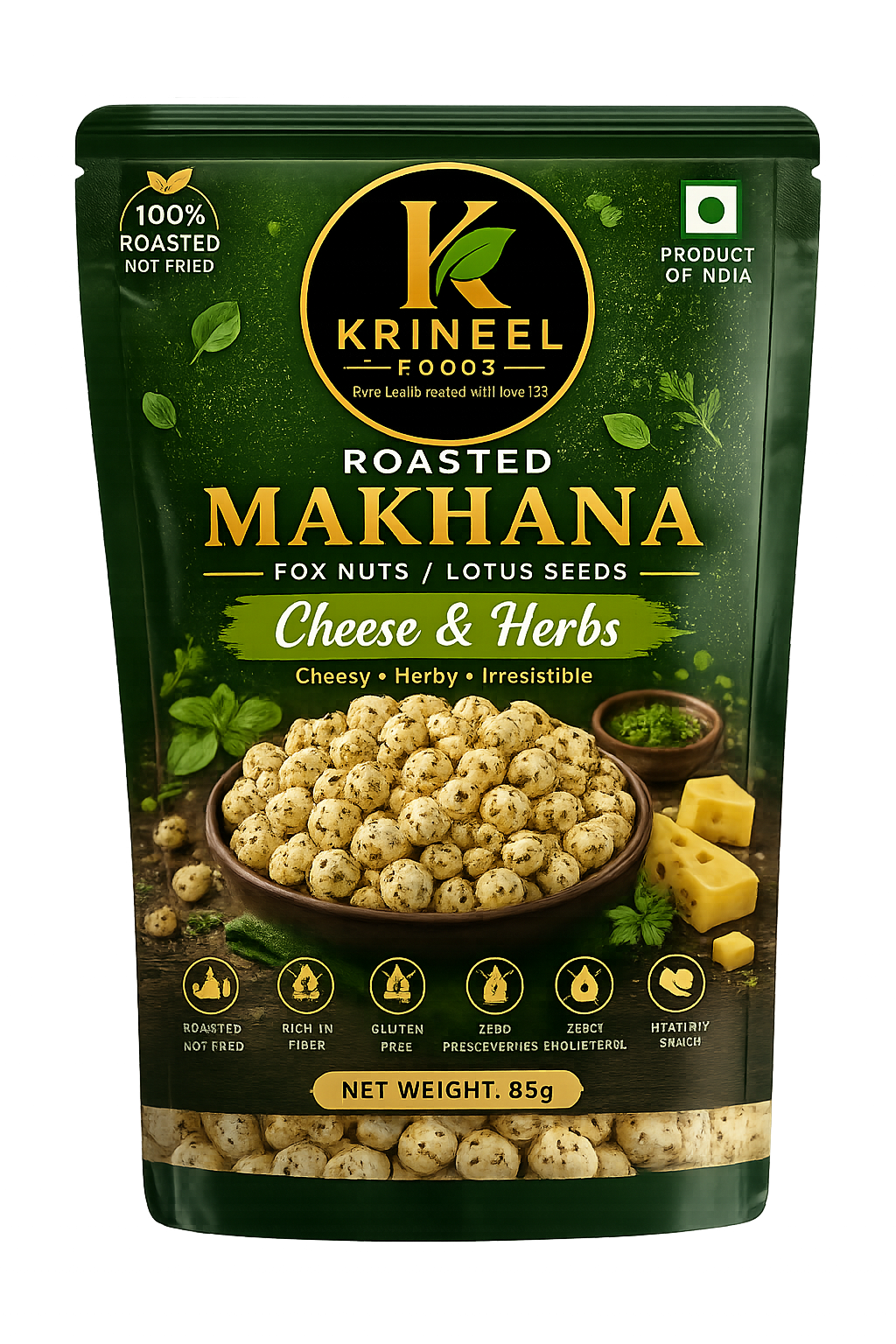 cheese-front Krineel P889S Handpicked Raw Makhana - Cheese & Herbs Flavor | Premium Roasted Fox Nuts - Image 1