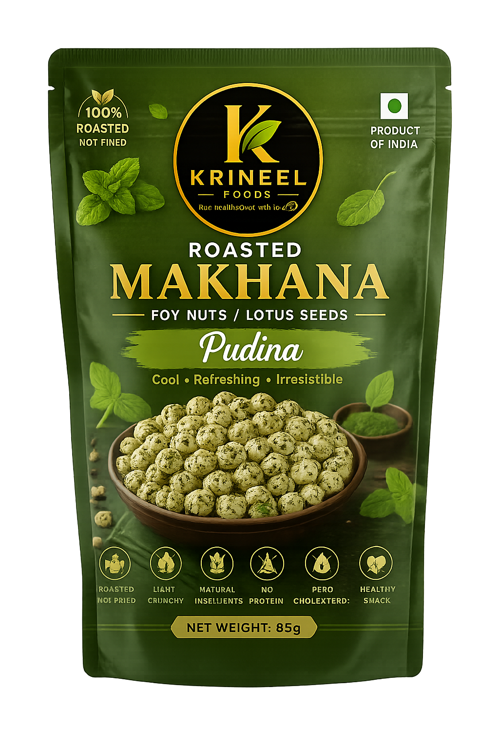 pudina-front Krineel P889S Handpicked Raw Makhana - Pudina Flavor | Refreshing Mint Fox Nuts - Image 1